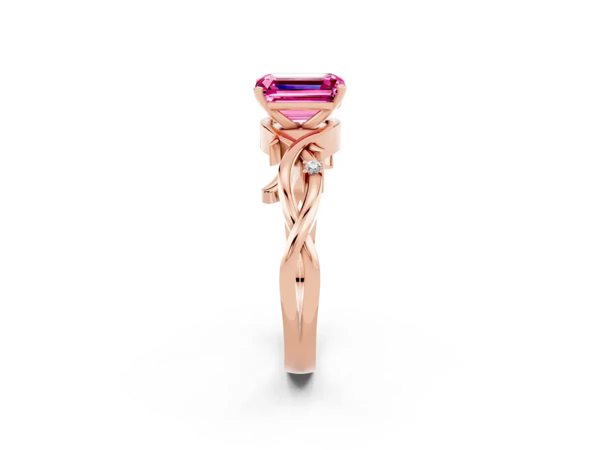 Emerald Cut Pink Sapphire Solitaire Ring with Twisted Band and Prong Setting Rose gold
