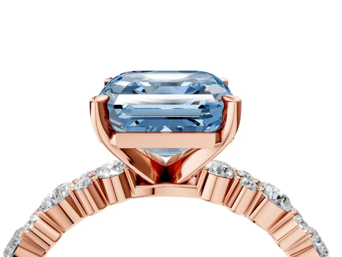 Fancy Blue Asscher Cut Diamond Side Stone Solitaire Ring with Round and Four-Prong Setting Rose gold