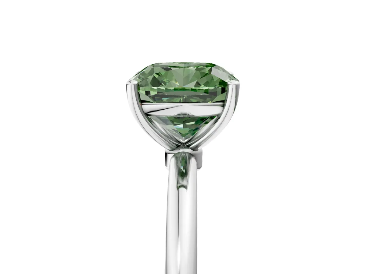 Fancy Green Cushion Cut Cut Solitaire Engagement Ring with Thin Band and Four-Prong Setting Silver