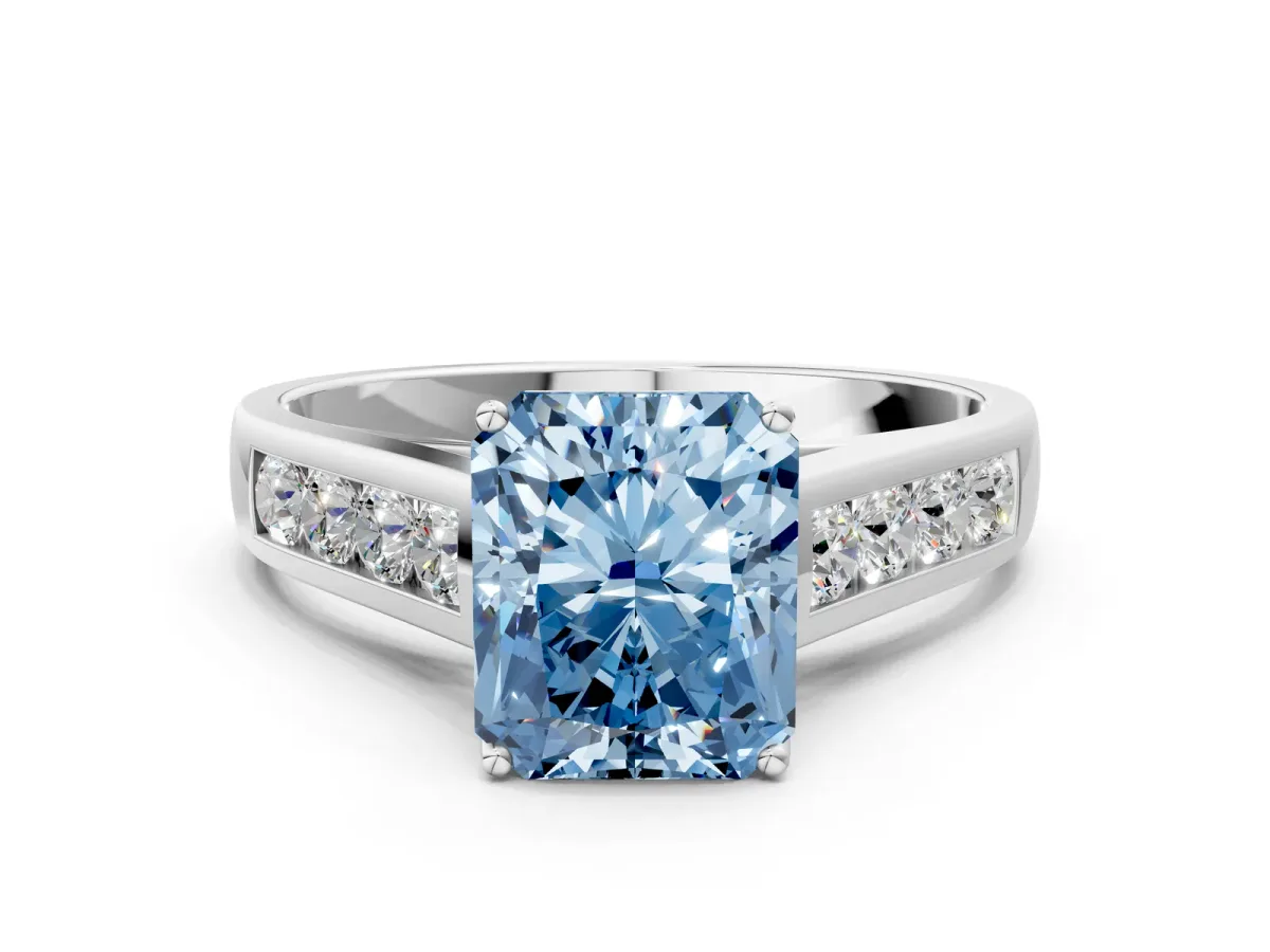 Fancy Blue Radiant Cut Brilliant Channel-Set Solitaire Ring with Four-Prong Setting Platinum