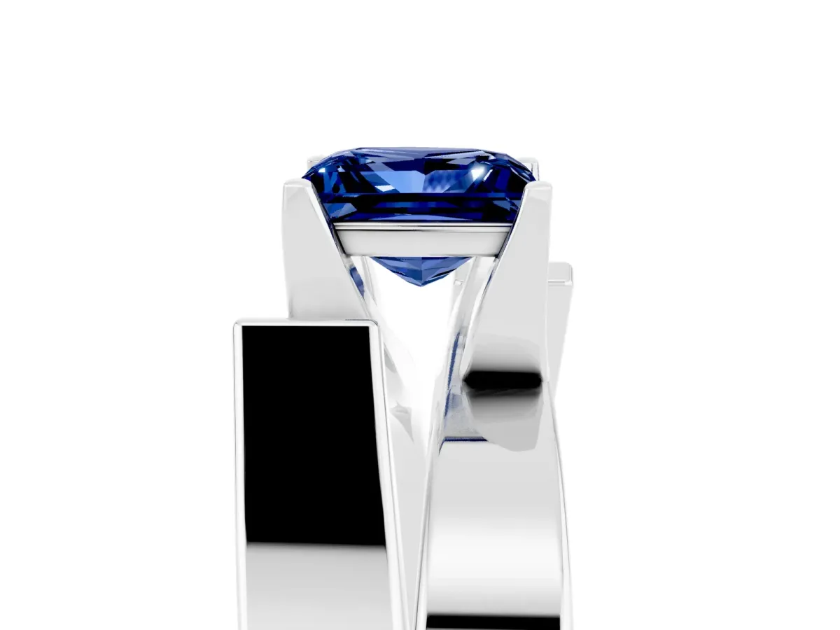 Modern Tension Set Princess Cut Blue Sapphire Solitaire Wide Band Ring Silver