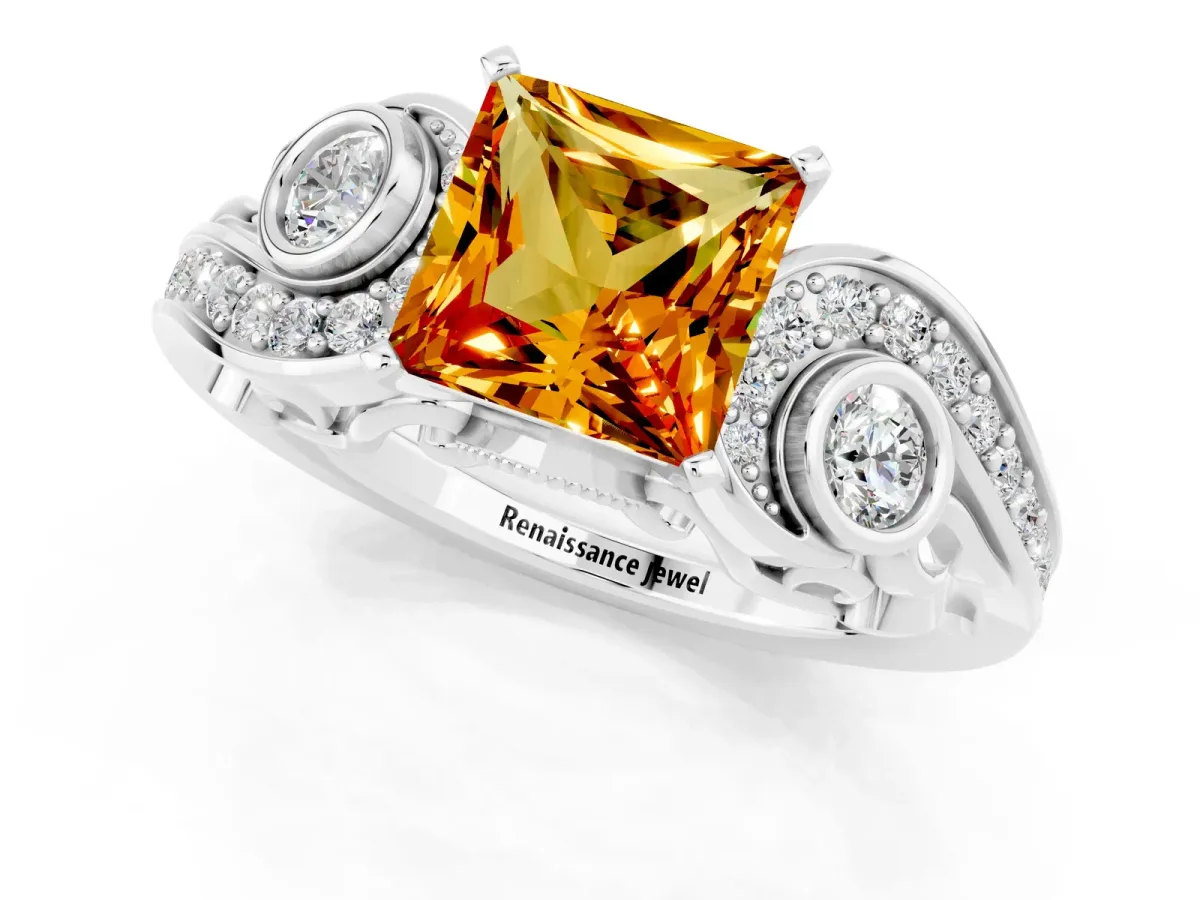 Princess Cut Citrine Solitaire Ring with Milgrain Pavé Band and Four-Prong Setting Silver
