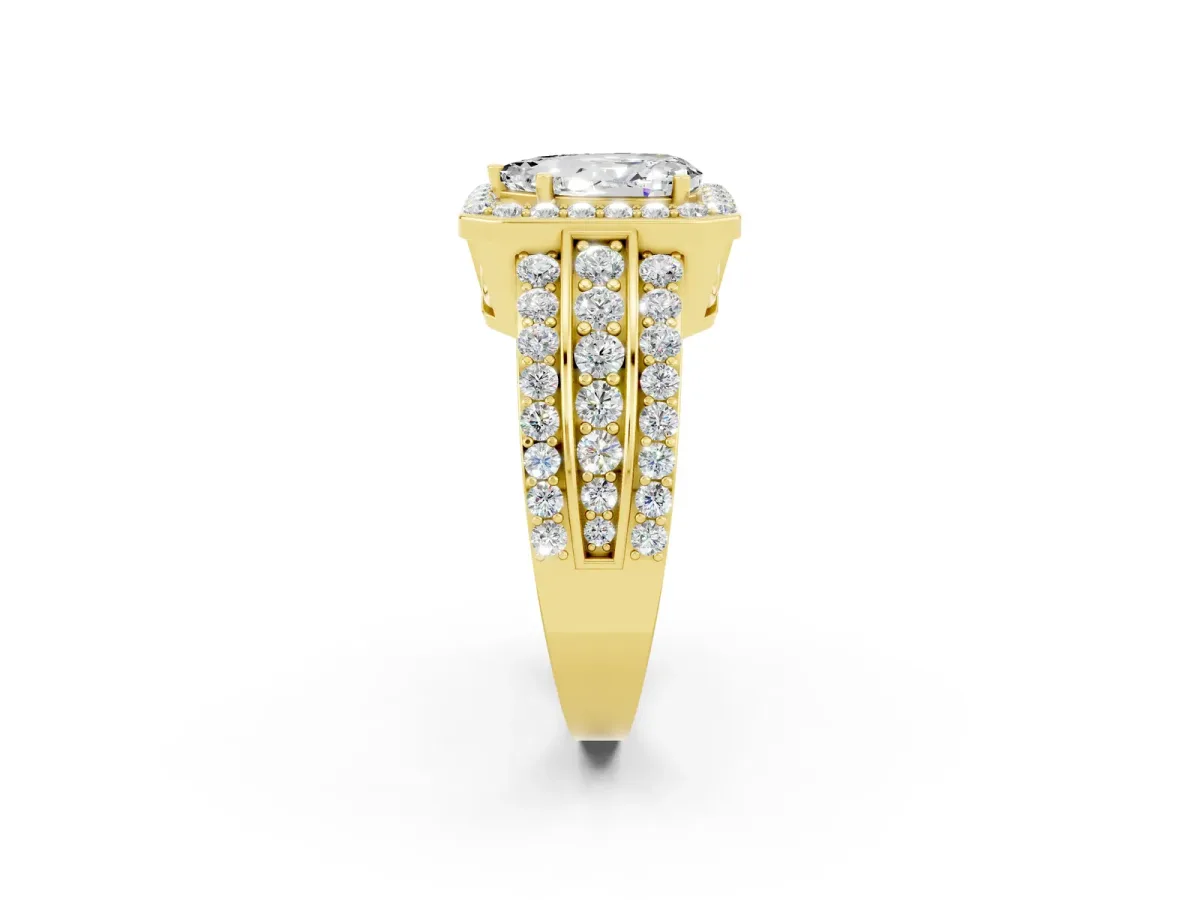 Pear Cut Halo Moissanite Ring with Round Split Shank and Prong Setting Yellow gold