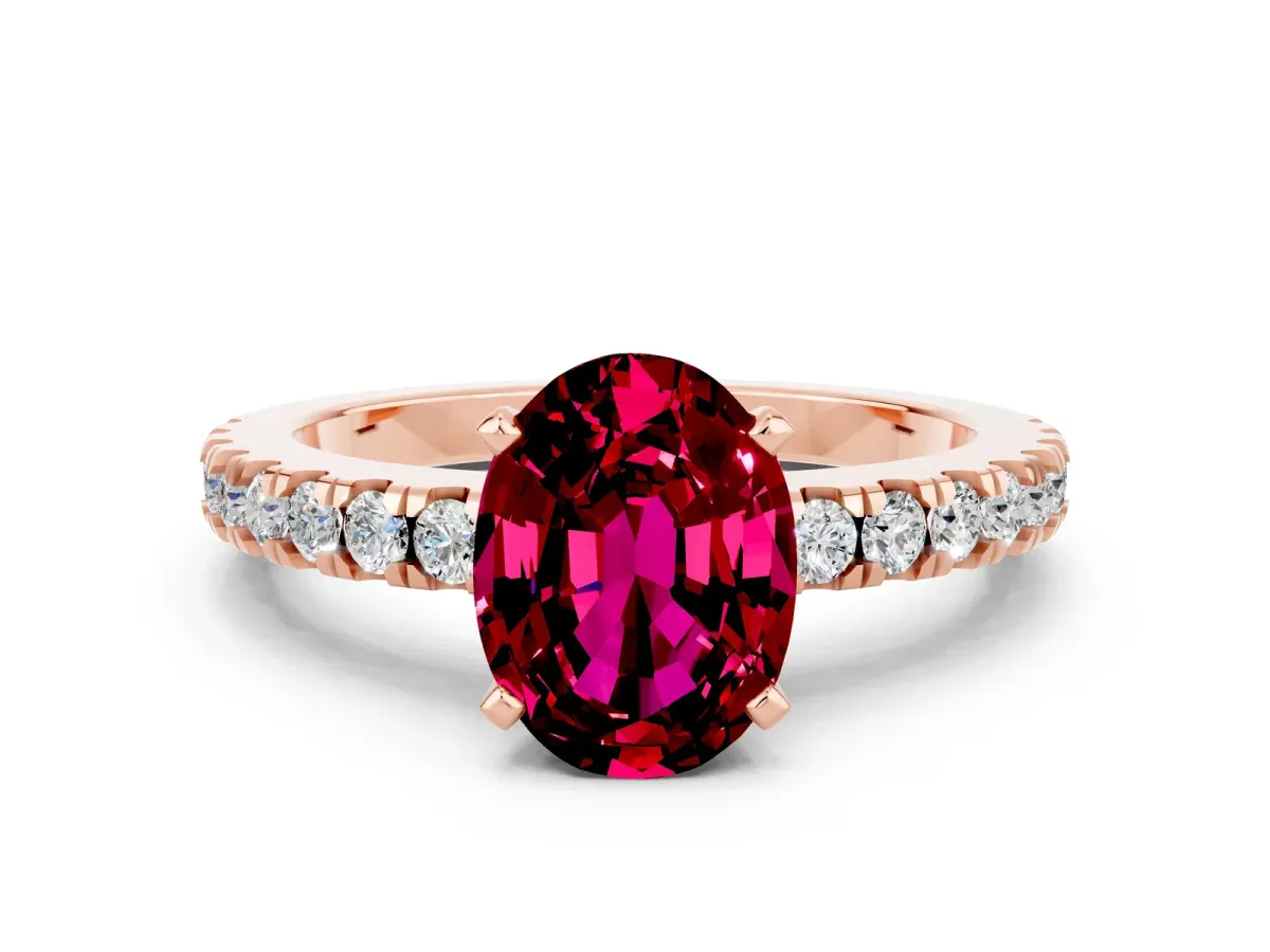Oval Cut Solitaire Garnet with Pavé Band and Four-Prong Setting Rose gold
