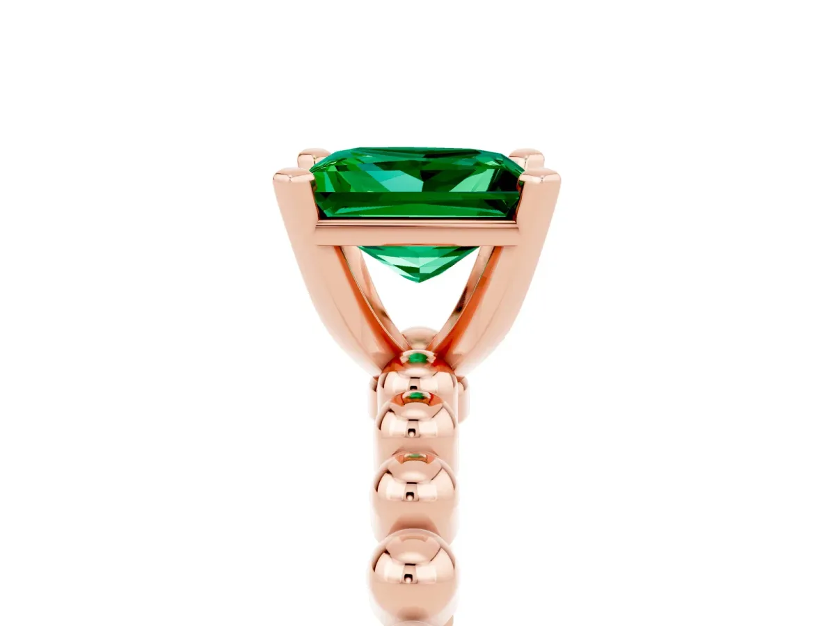 Princess Cut Emerald Solitaire Ring with Beaded Band and Prong Setting Rose gold