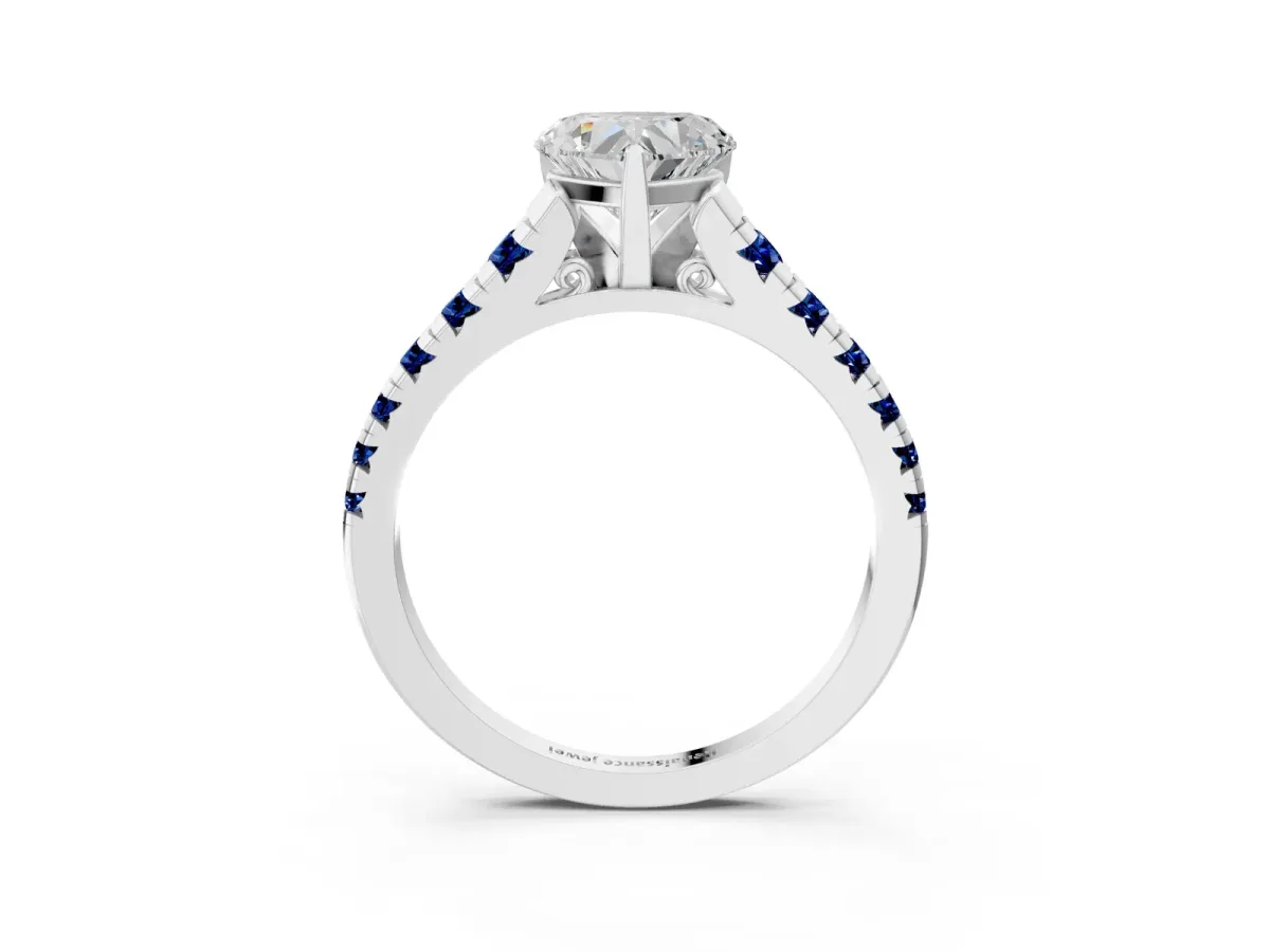 Heart Cut Diamond Cathedral Solitaire Ring with Round Blue Sapphire Pavé Band Silver