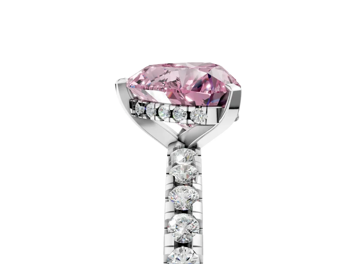 Fancy Pink Heart Cut Diamond Solitaire Ring with Round Pavé Band and Four-Prong Setting Silver