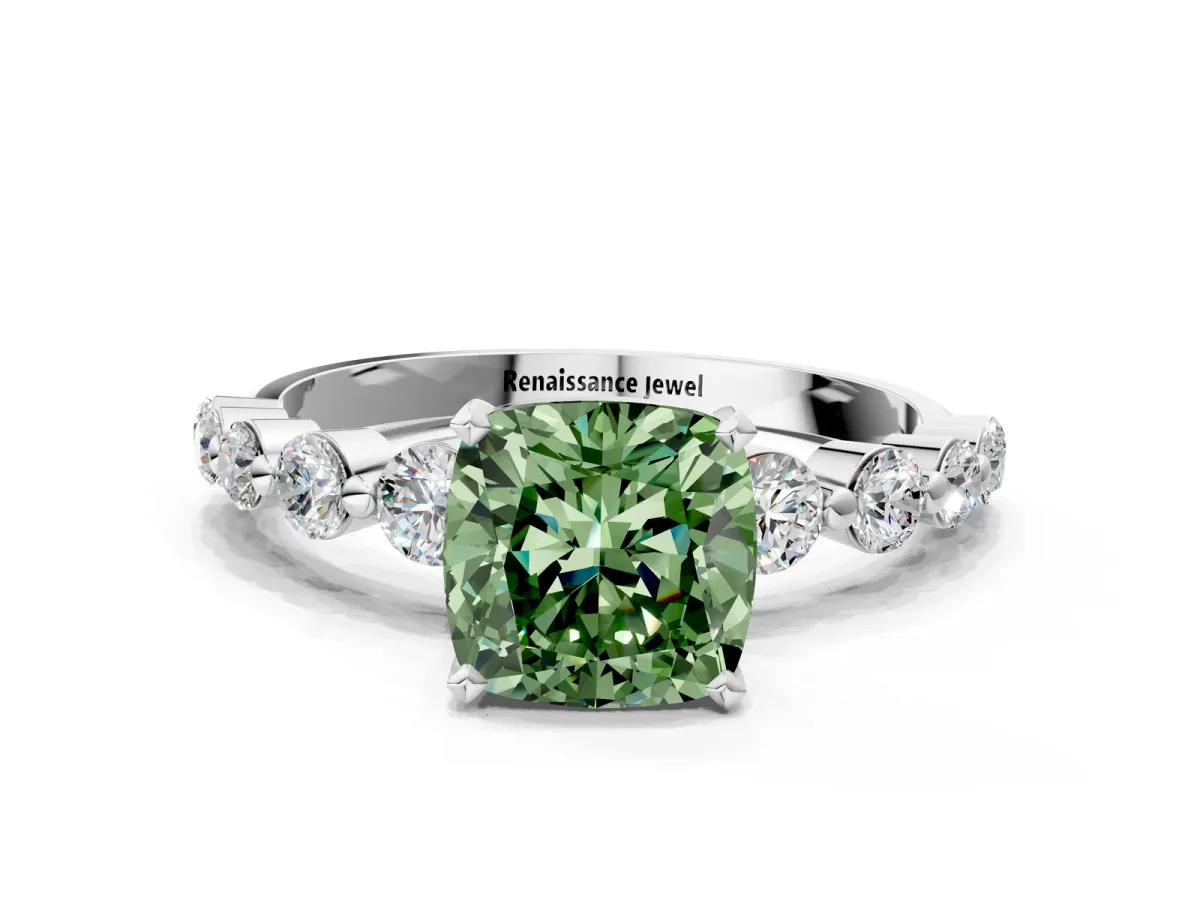 Fancy Green Cushion Cut Solitaire Diamond Ring with Pave Band and Four-Prong Setting Silver