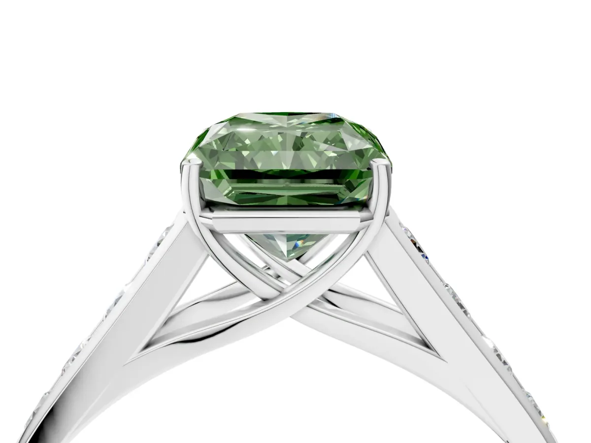 Fancy Green Radiant Cut Brilliant Channel-Set Solitaire Ring with Four-Prong Setting Platinum