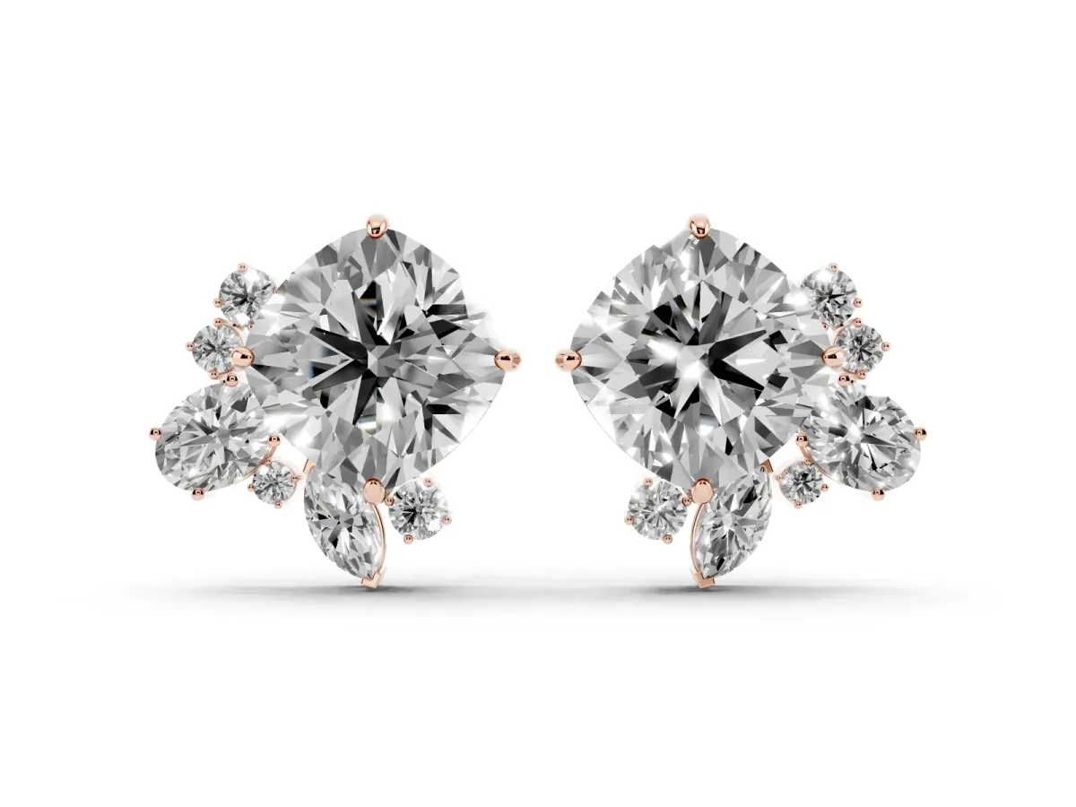 Cushion Cut Diamond Floral Stud Earrings with Multi-Shape Accents Rose gold