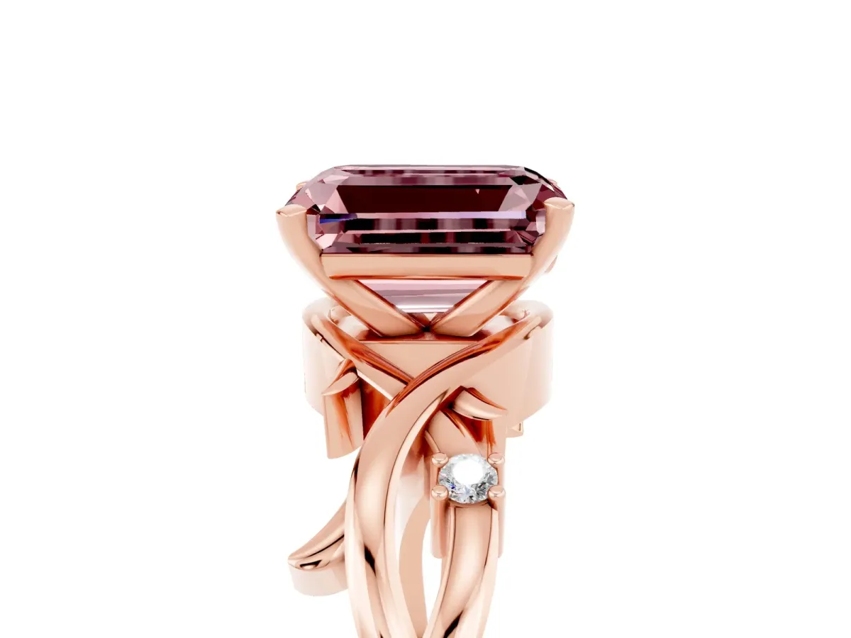 Emerald Cut Morganite Solitaire Ring with Twisted Band and Prong Setting Rose gold