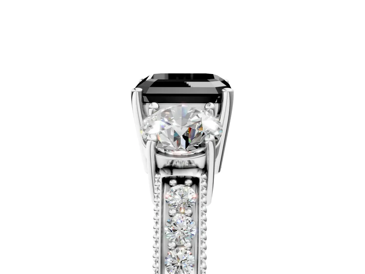 Fancy Black Asscher Cut Three-Stone Diamond Ring with Pavé Band and Four-Prong Setting Platinum