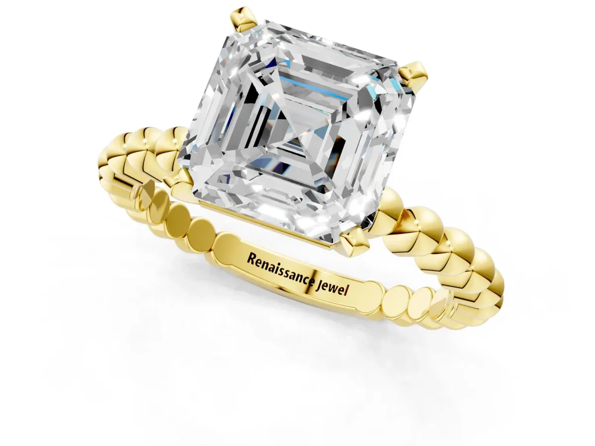 Asscher Cut Diamond Solitaire Ring with Beaded Band and Prong Setting Yellow gold