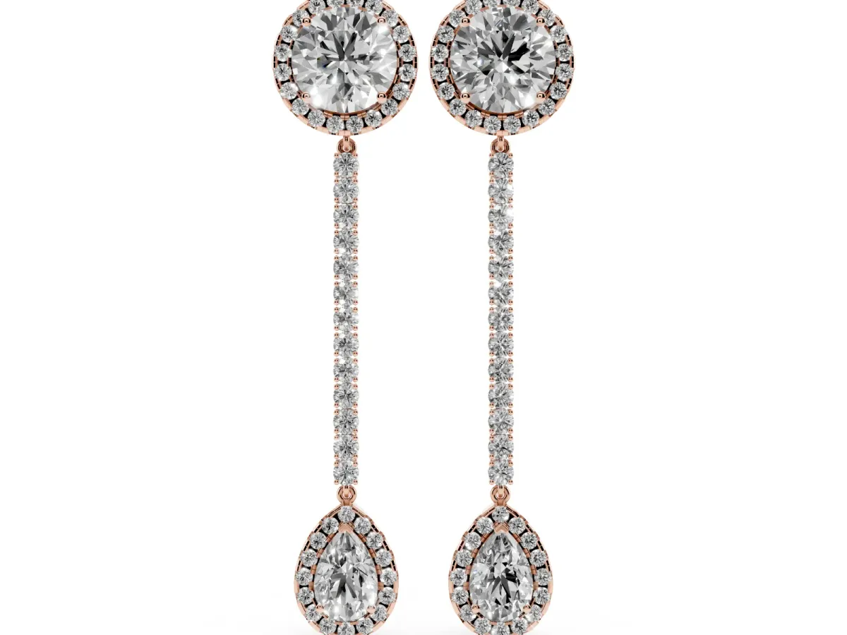 Round and Pear Diamond Halo Drop Earrings Rose gold