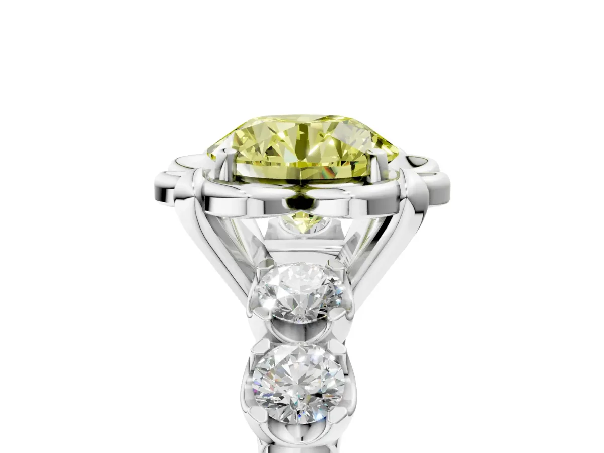 Fancy Yellow Round Cut Cut Diamond Floral Halo Engagement Ring with Shared Prong Setting Silver