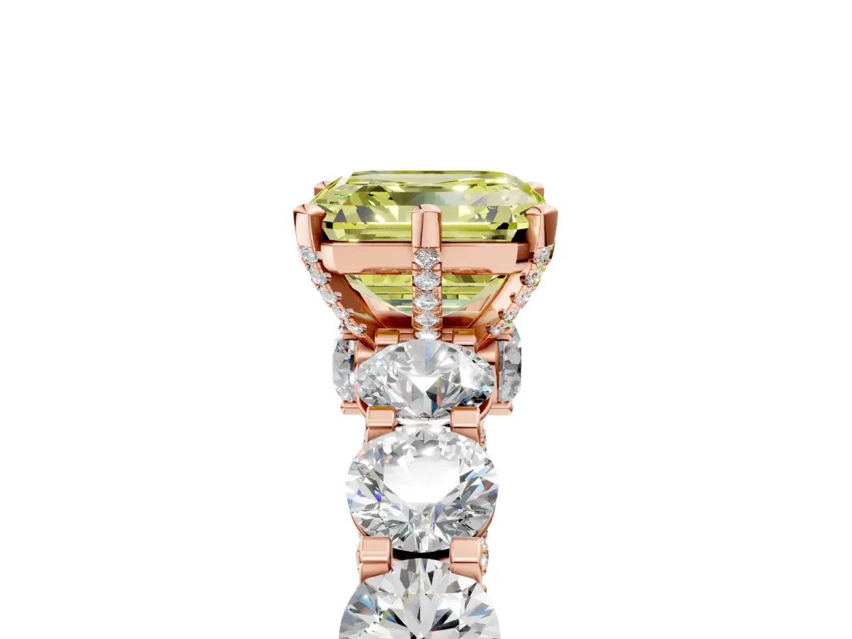 Fancy Yellow Asscher Cut Diamond Side Stone Engagement Ring with Four-Prong Setting Rose gold