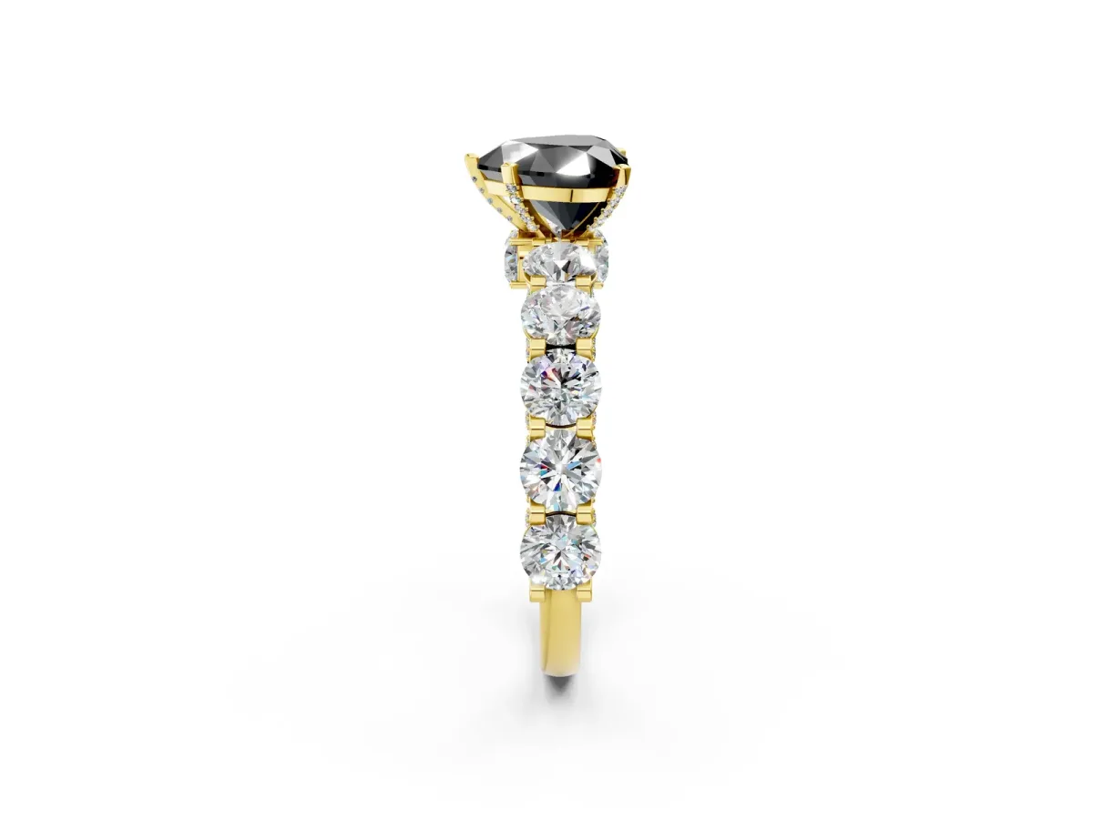 Fancy Black Heart Cut Diamond Side Stone Engagement Ring with Four-Prong Setting Yellow gold