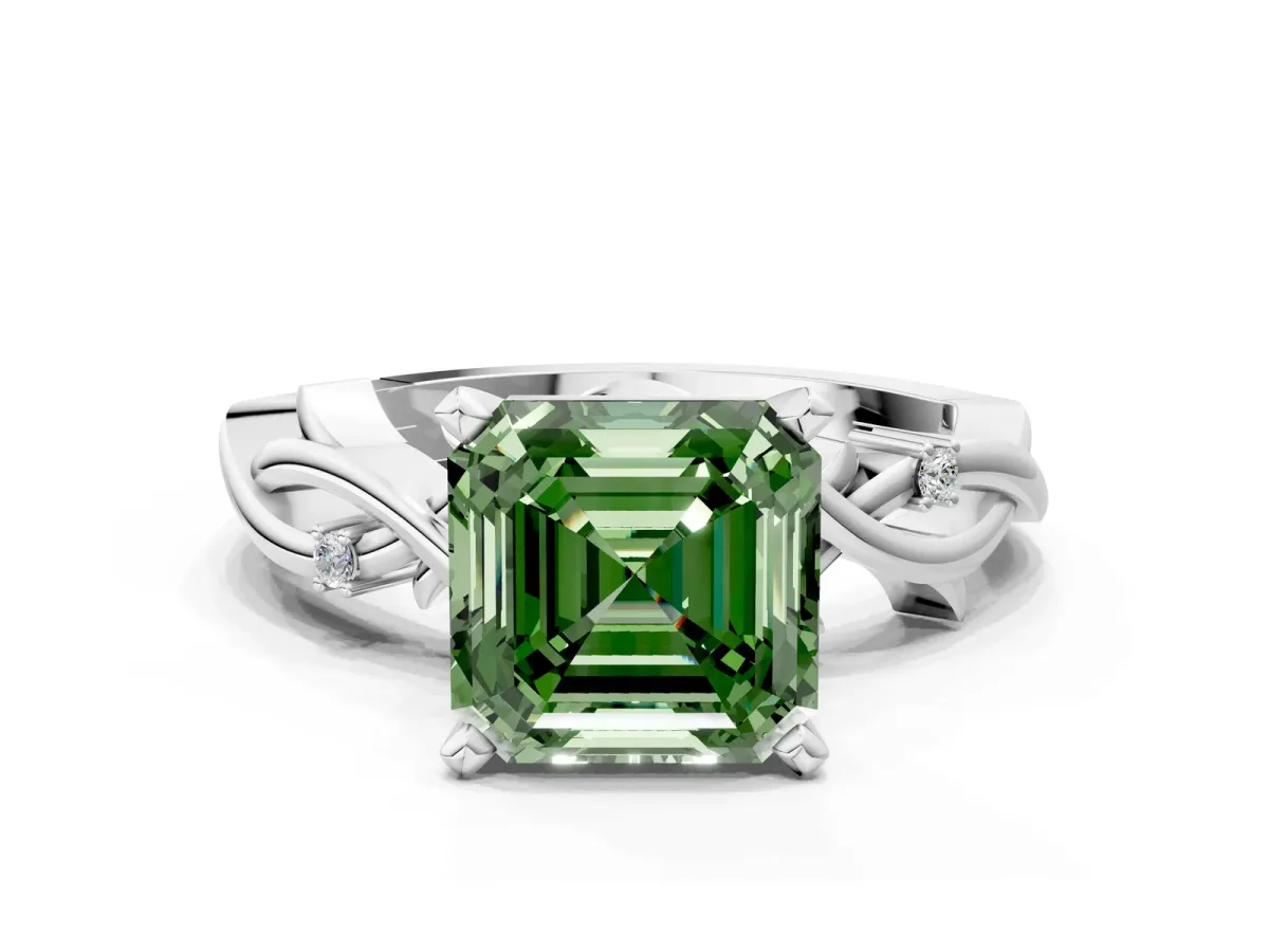 Fancy Green Asscher Cut Diamond Solitaire Ring with Twisted Band and Prong Setting Platinum