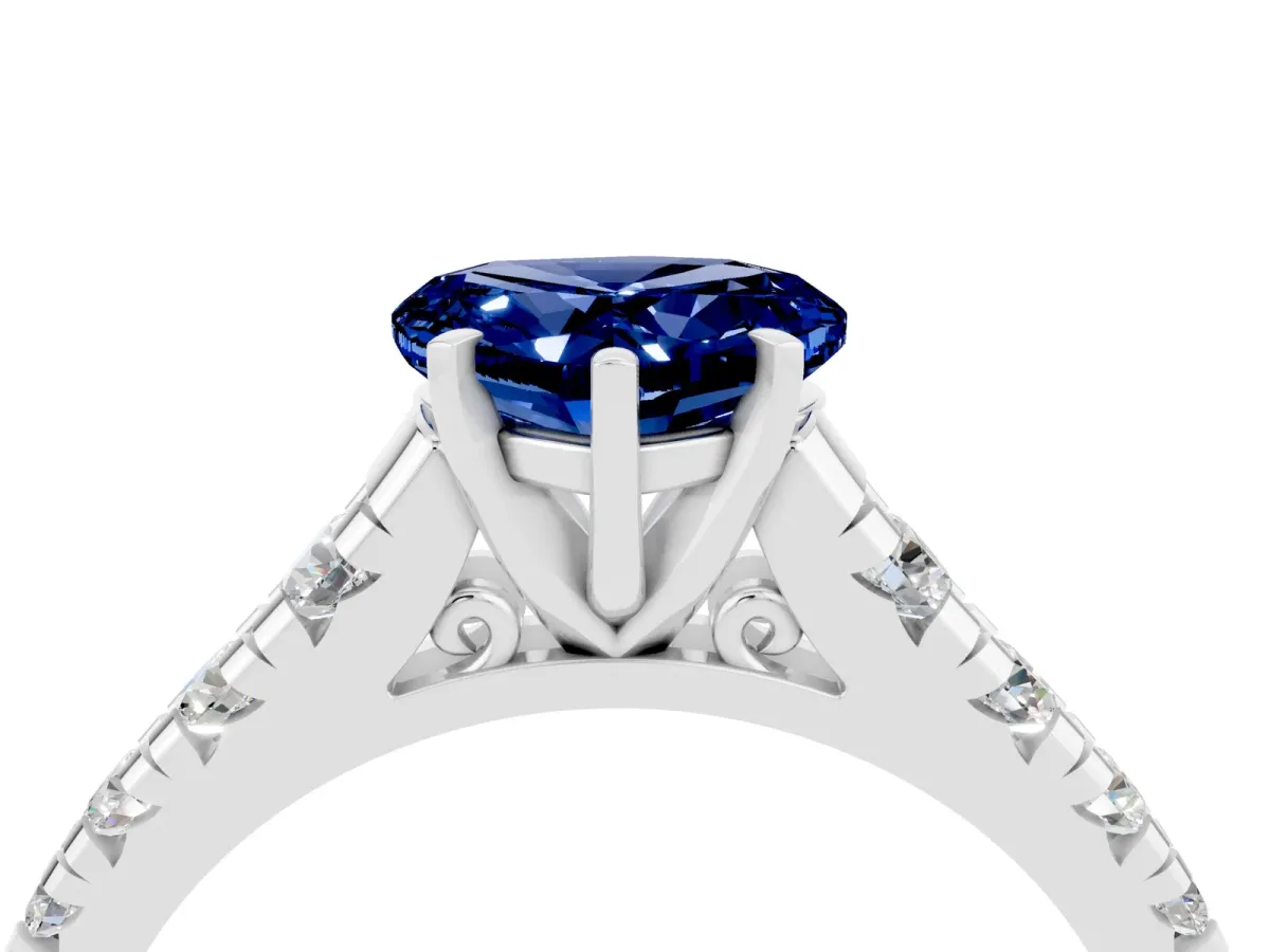 Heart Cut Blue Sapphire Cathedral Solitaire Ring with Round Pavé Band Silver