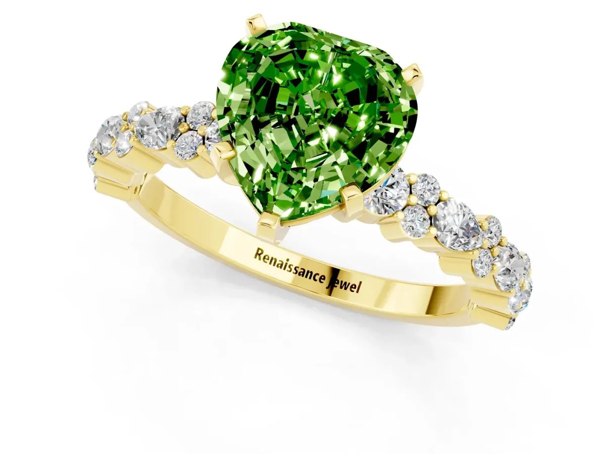 Heart Cut Peridot Side Stone Solitaire Ring with Round and Four-Prong Setting Yellow gold