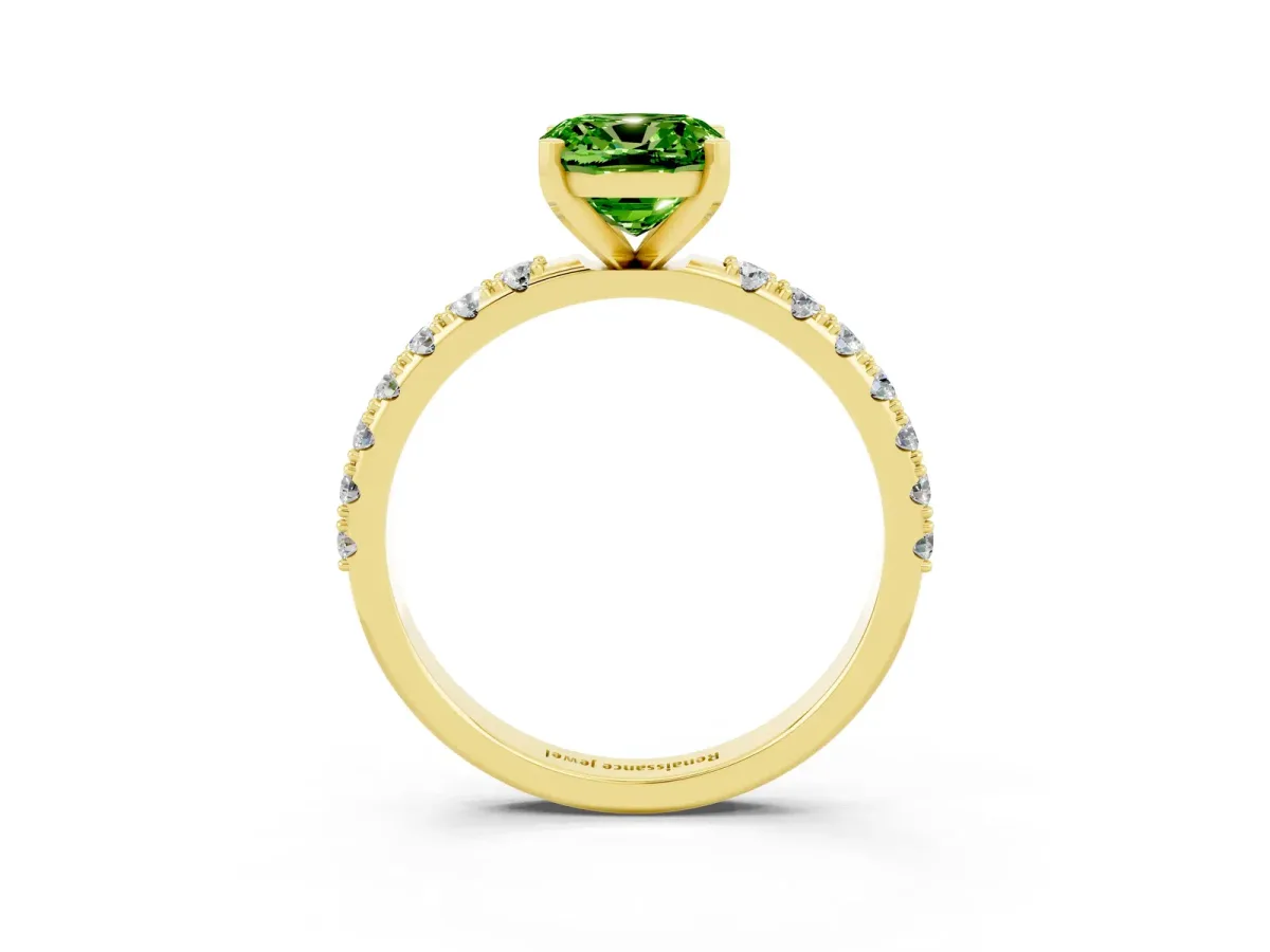 Cushion Cut Peridot Solitaire Pavé Band with Four-Prong Setting Yellow gold