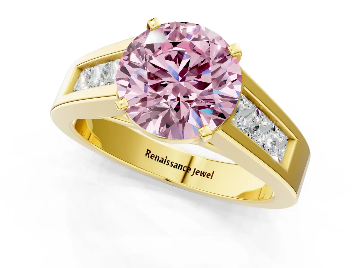 Fancy Pink Round Cut Cut Channel Set Solitaire Ring with Four-Prong Setting Yellow gold