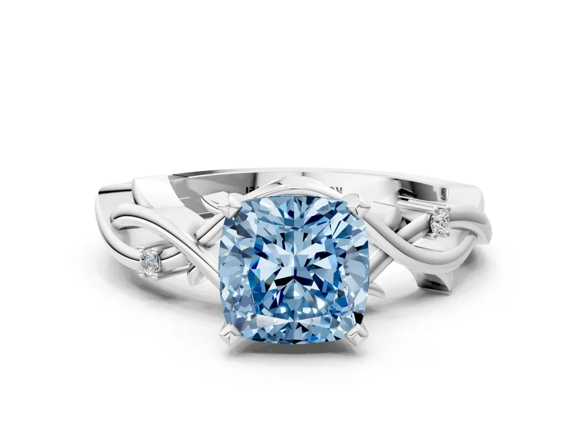 Fancy Blue Cushion Cut Diamond Solitaire Ring with Twisted Band and Prong Setting Platinum