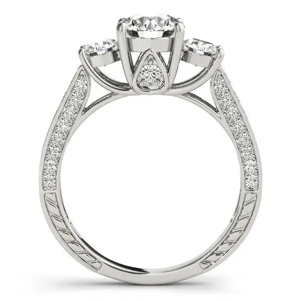 Three-Stone Round Cut Cut Diamond Engagement Ring with Split Shank and Prong Setting Platinum