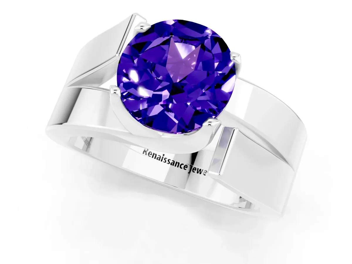 Modern Tension Set Round Cut Tanzanite Solitaire Wide Band Ring Silver