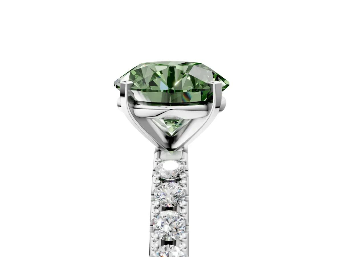 Fancy Green Round Cut Diamond Solitaire Pavé Band with Four-Prong Setting Silver