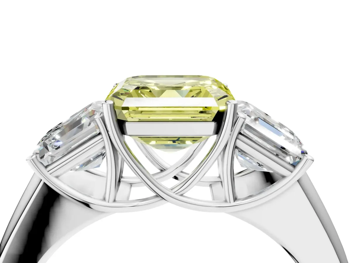 Fancy Yellow Three-Stone Asscher Cut Cut Diamond Ring with Prong Setting and Classic Band Platinum