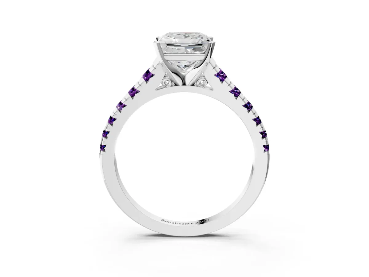 Princess Cut Diamond Cathedral Solitaire Ring with Round Amethyst Pavé Band Silver
