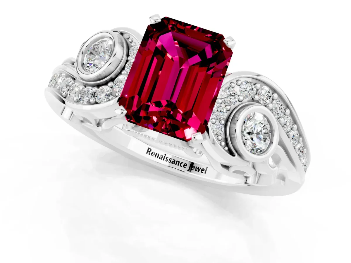 Emerald Cut Garnet Solitaire Ring with Milgrain Pavé Band and Four-Prong Setting Silver