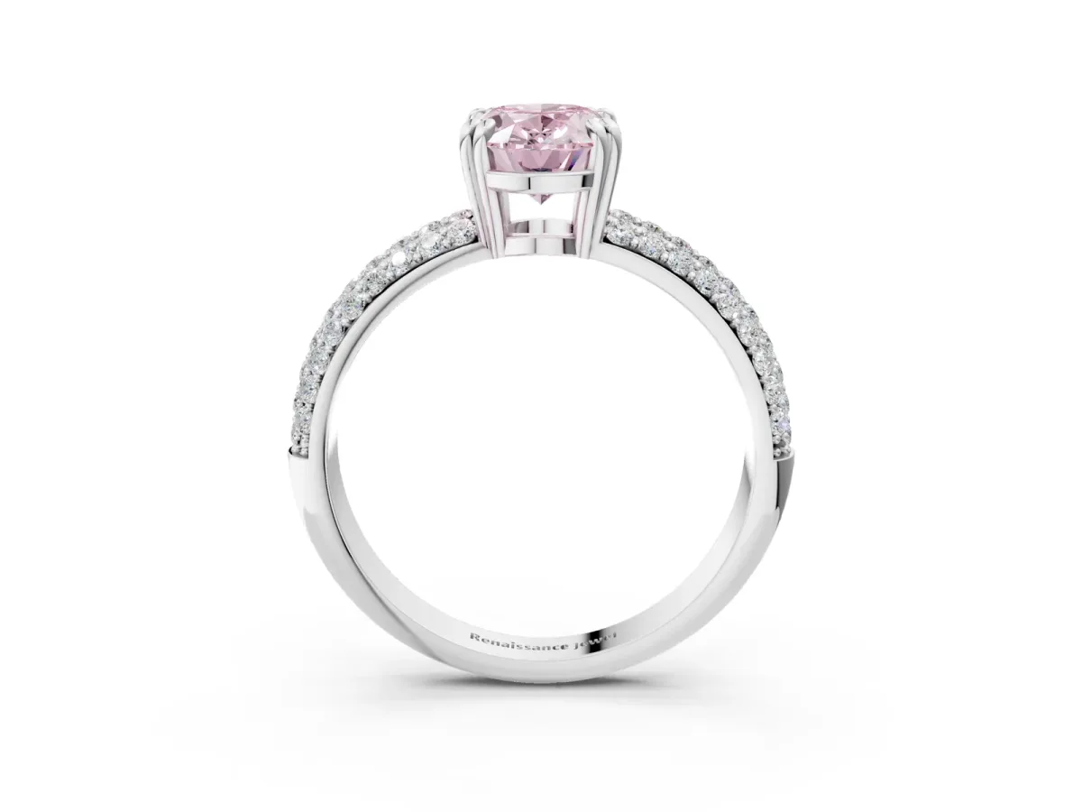 Fancy Pink Oval Cut Diamond Solitaire Ring with Multi-Row Round Pavé Band and Prong Setting White gold