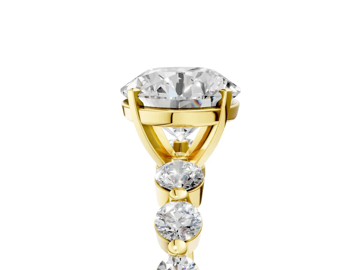 Round Cut Solitaire Diamond Ring with Pave Band and Four-Prong Setting Yellow gold