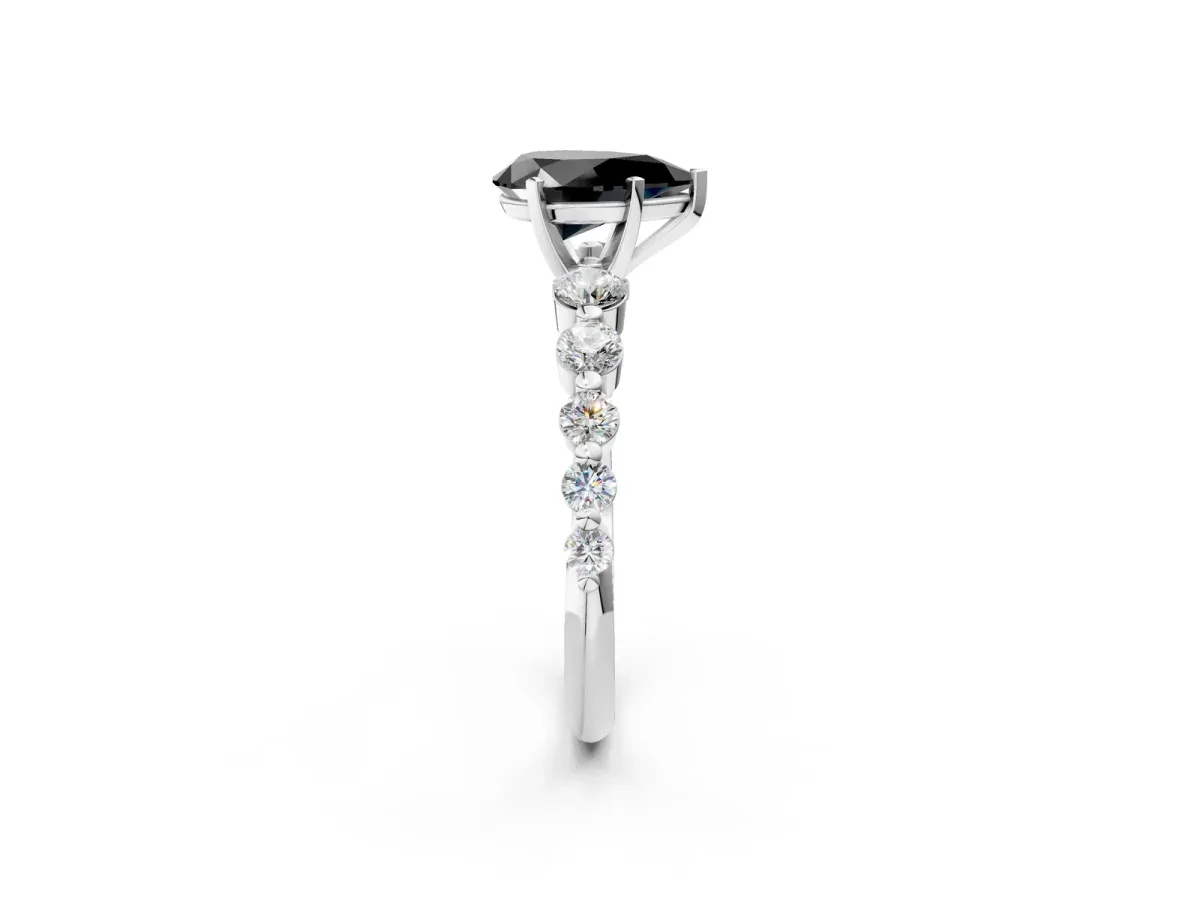 Fancy Black Pear Cut Solitaire Diamond Ring with Pave Band and Four-Prong Setting Silver