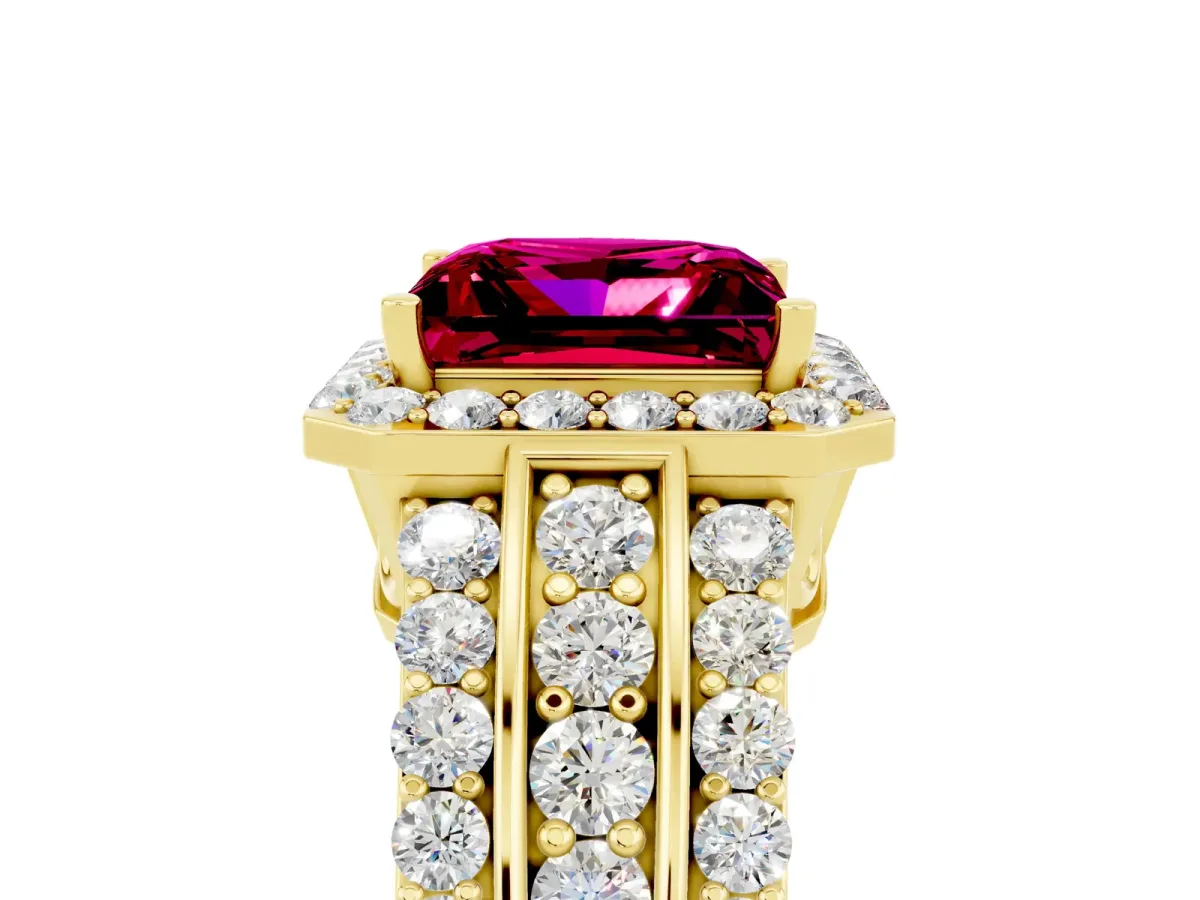 Princess Cut Halo Garnet Ring with Round Split Shank and Prong Setting Yellow gold