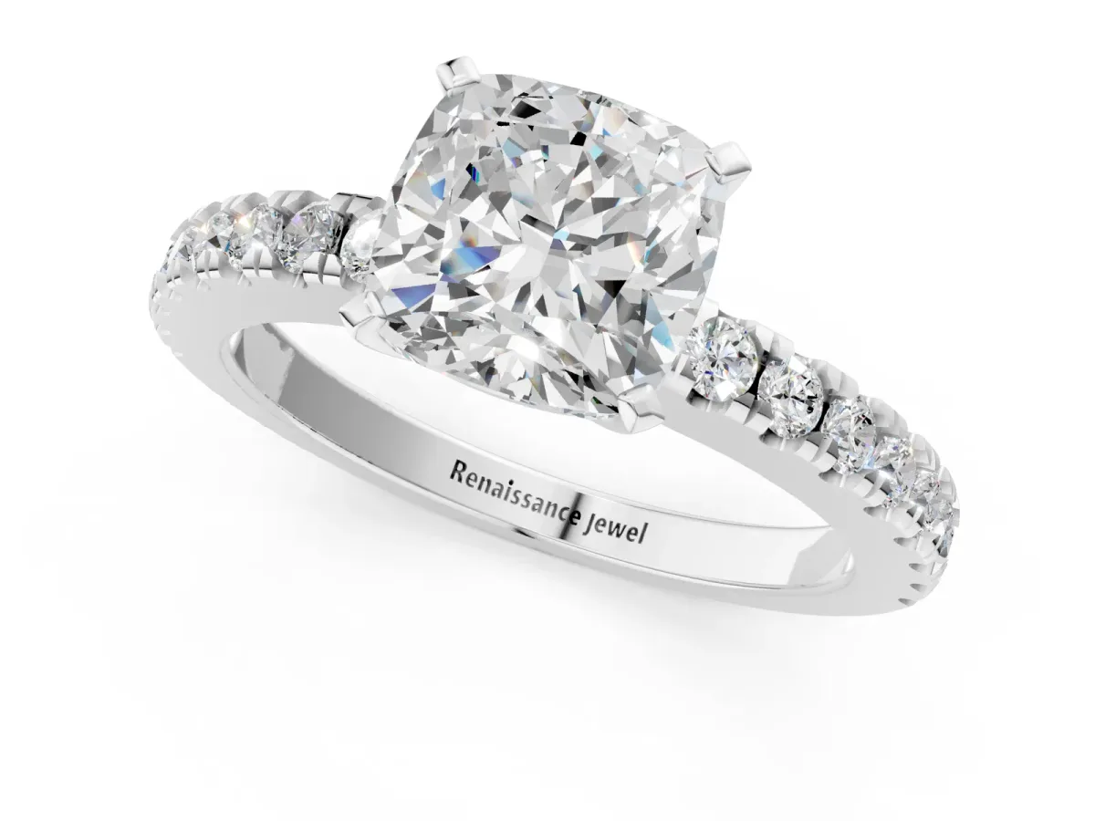 Cushion Cut Solitaire Diamond with Pavé Band and Four-Prong Setting Silver