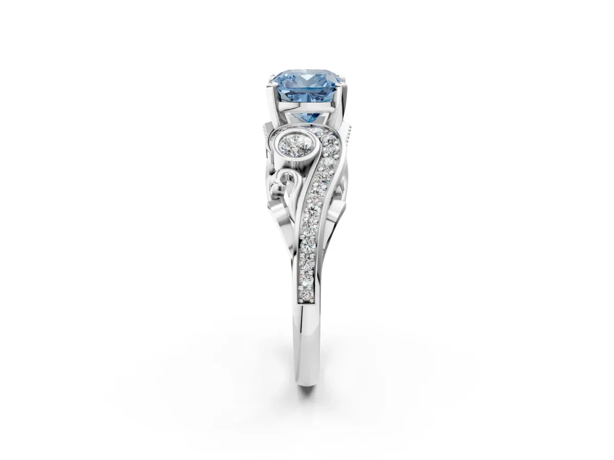 Fancy Blue Cushion Cut Diamond Solitaire Ring with Milgrain Pavé Band and Four-Prong Setting Silver