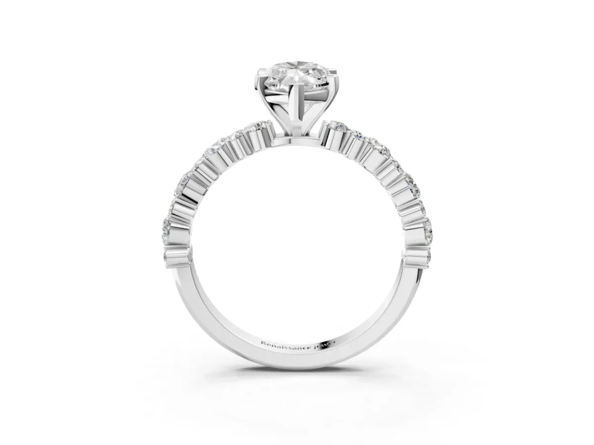 Marquise Cut Diamond Side Stone Solitaire Ring with Round and Four-Prong Setting Silver