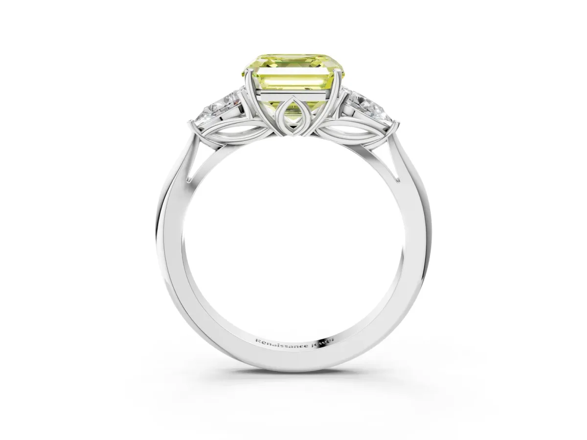 Fancy Yellow Three-Stone Asscher Cut Diamond Ring with Pear Side Stones in Four-Prong Setting White gold