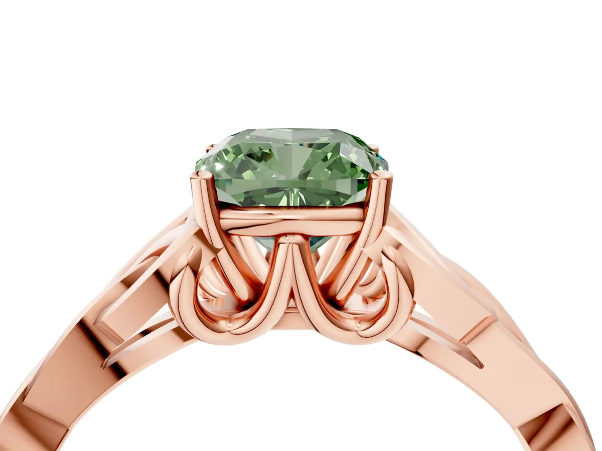 Fancy Green Cushion Cut Diamond Solitaire Celtic Knot Ring with Four-Prong Setting Rose gold