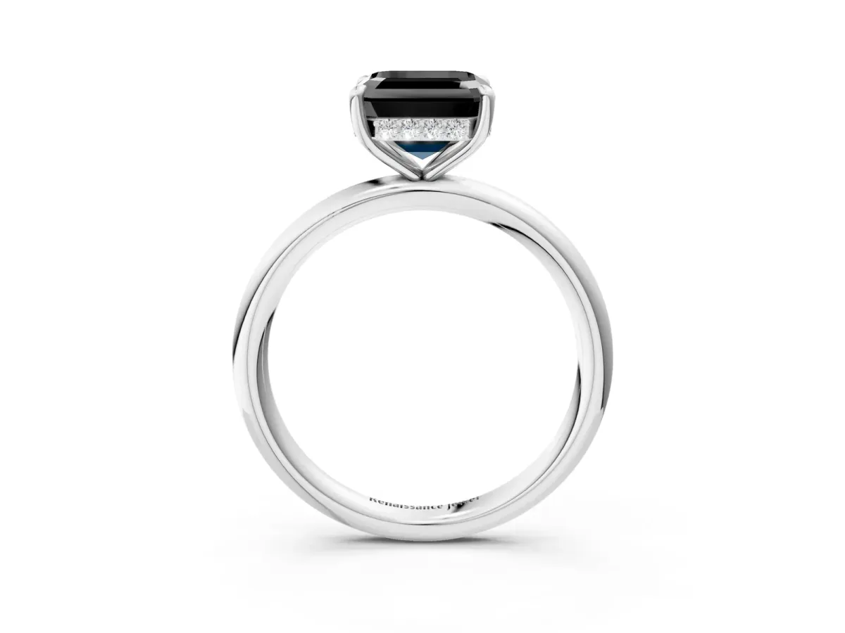 Fancy Black Asscher Cut Diamond Solitaire Ring with Thin Band and Four-Prong Setting Platinum