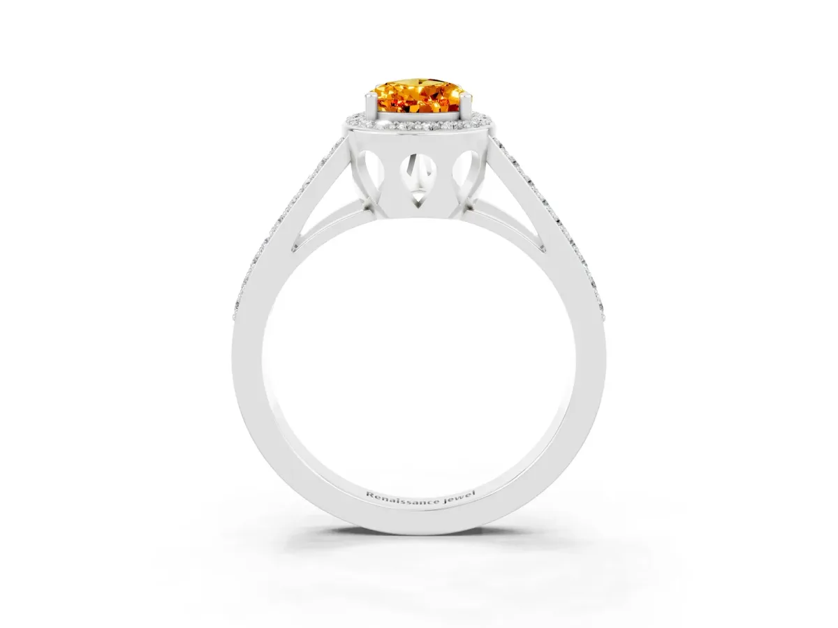 Pear Cut Citrine Halo Ring with Split Shank U-Prong Band and Four-Prong Setting Platinum