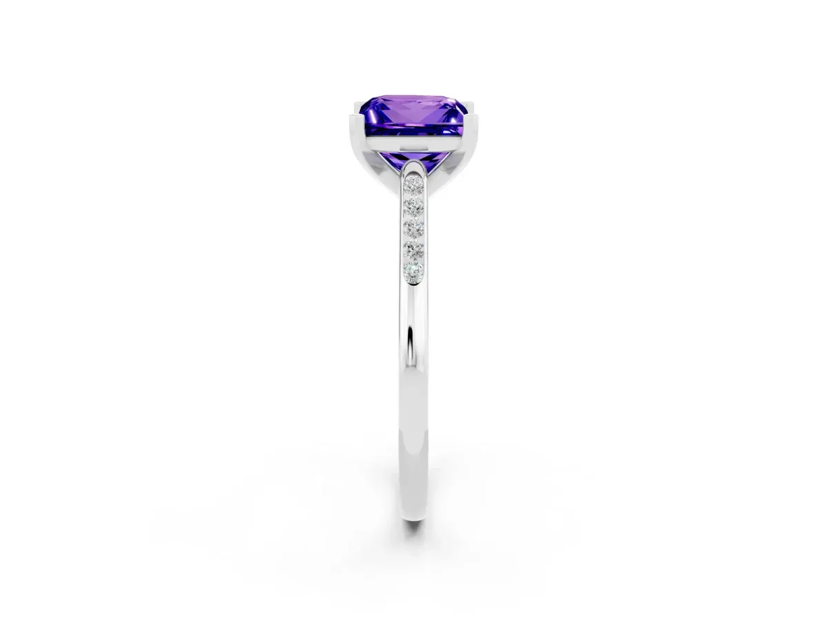Princess Cut Tanzanite Solitaire Ring with Channel Set Round Band and Prong Setting Silver
