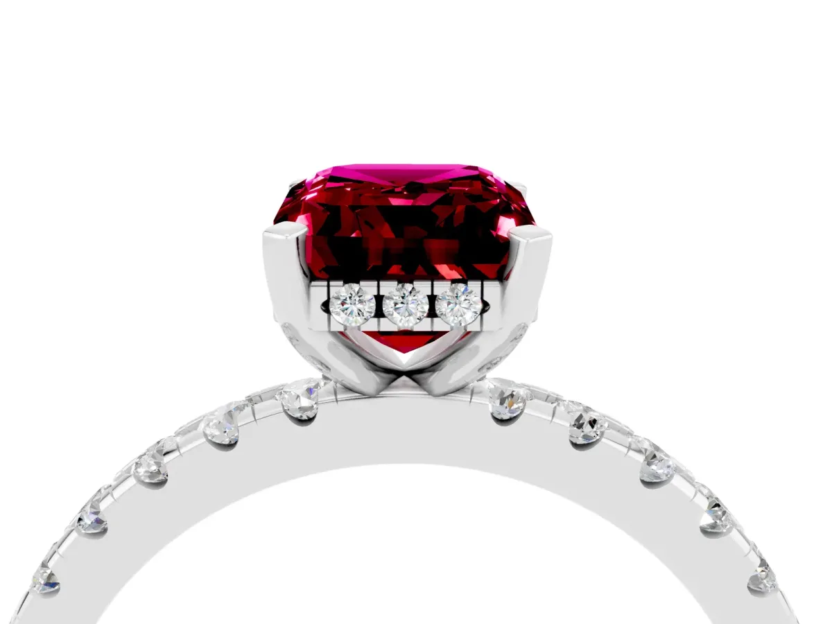 Emerald Cut Garnet Solitaire Ring with Round Pavé Band and Four-Prong Setting Silver