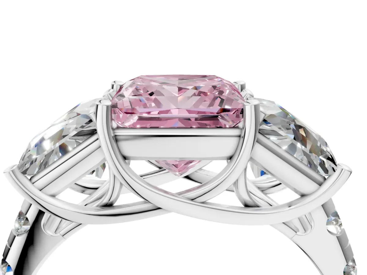 Fancy Pink Three-Stone Princess Cut Diamond Pavé Band with Prong Setting Platinum