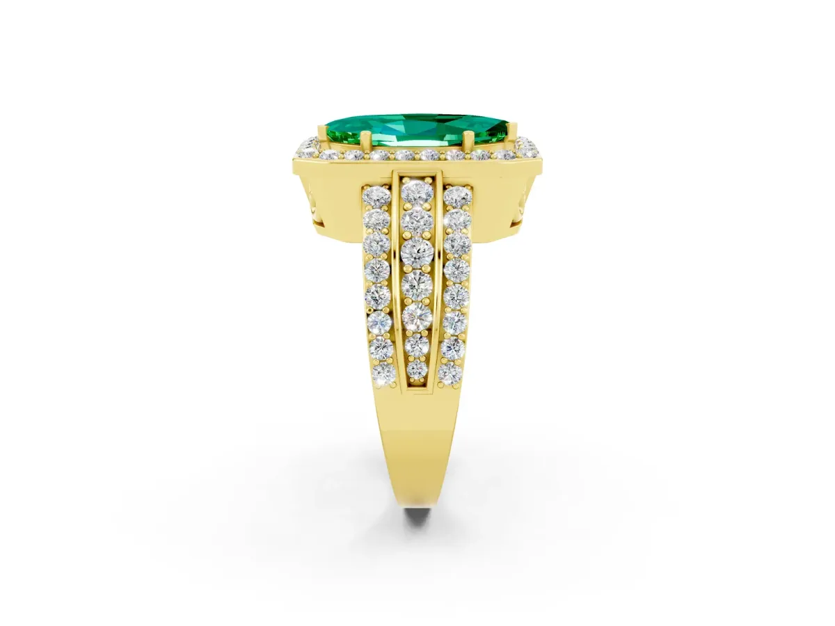 Marquise Cut Halo Emerald Ring with Round Split Shank and Prong Setting Yellow gold
