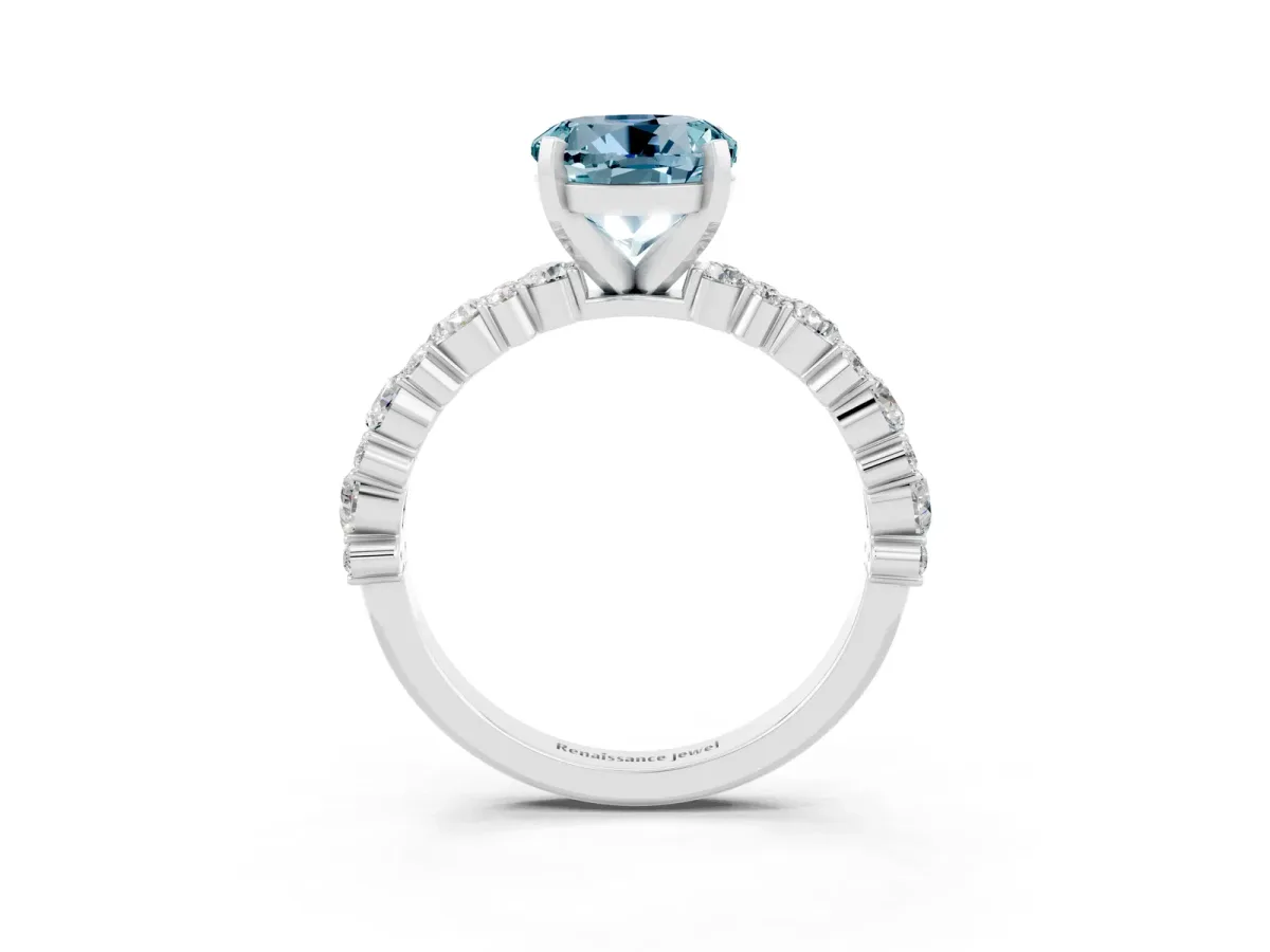 Round Cut Aquamarine Side Stone Solitaire Ring with Round and Four-Prong Setting Platinum