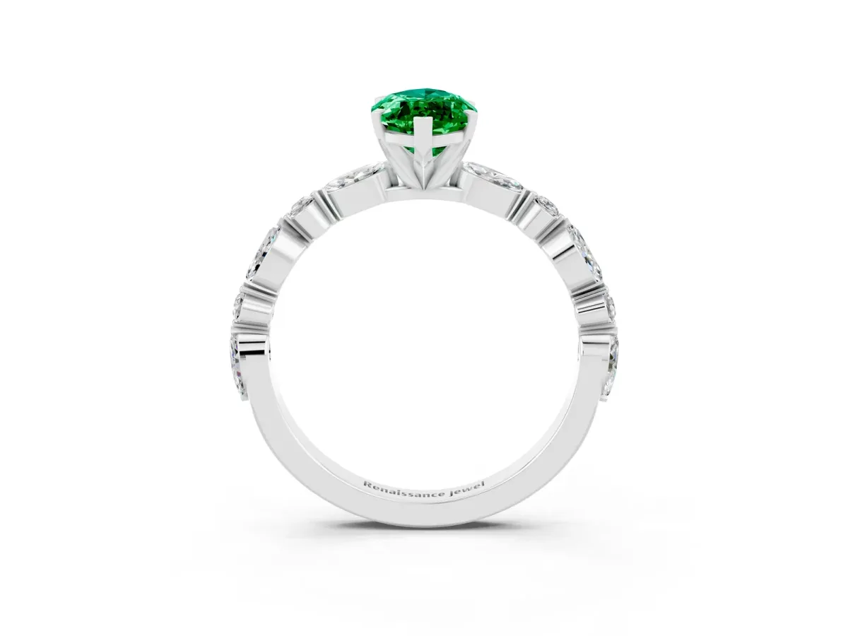 Marquise Cut Emerald Ring with Marquise and Round Side Stones and Four-Prong Setting Silver